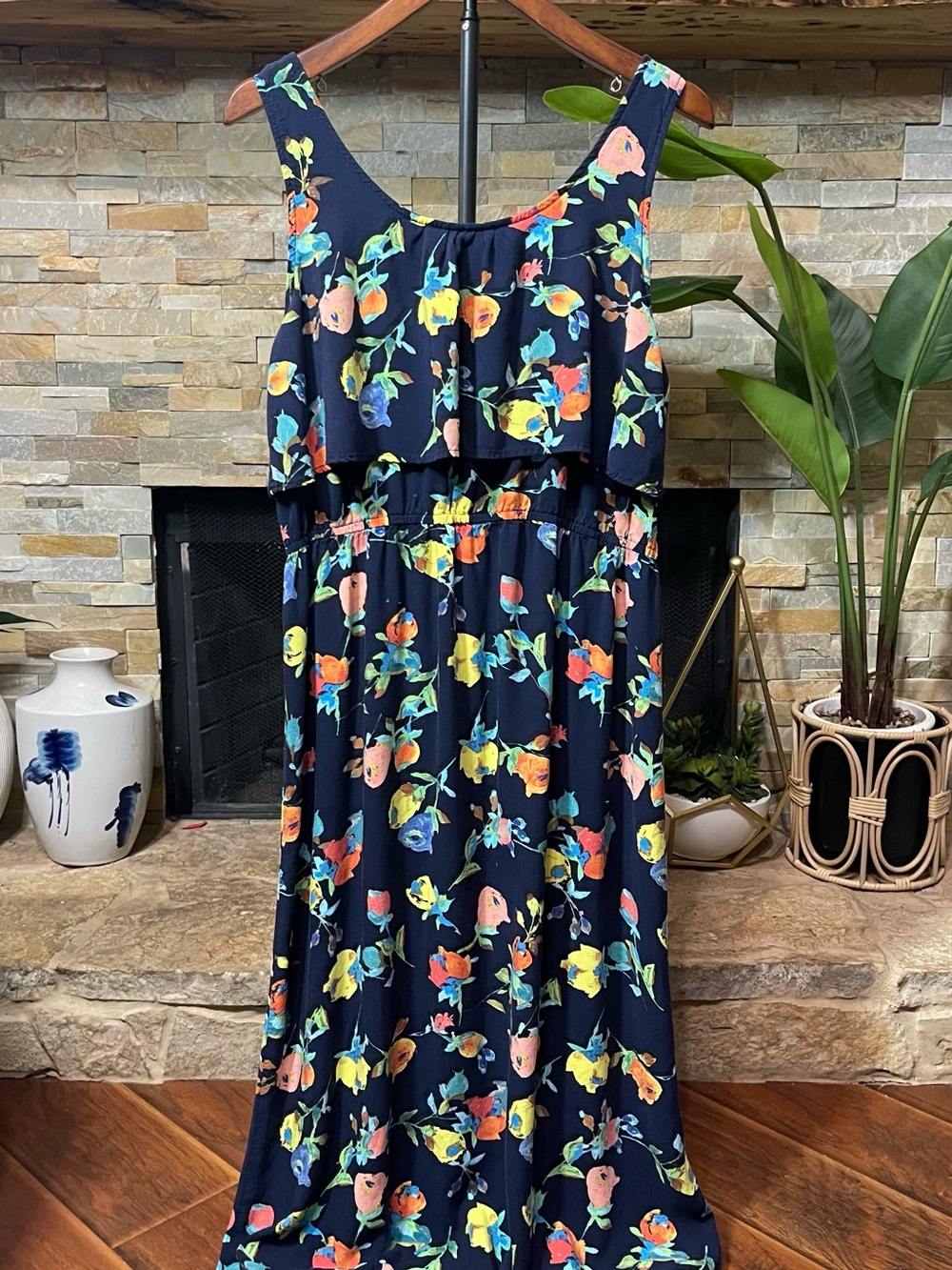 Merona Navy Maxi Dress with Yellow, Coral & Green Floral Print